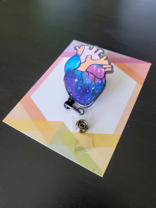 Heart Badge Reel ID Holder | Blue Galaxy | Cardiac | Anatomy | Transplant | Nurse Gift | Doctor | Physician | Medical | RN | MD | ICU | Therapy