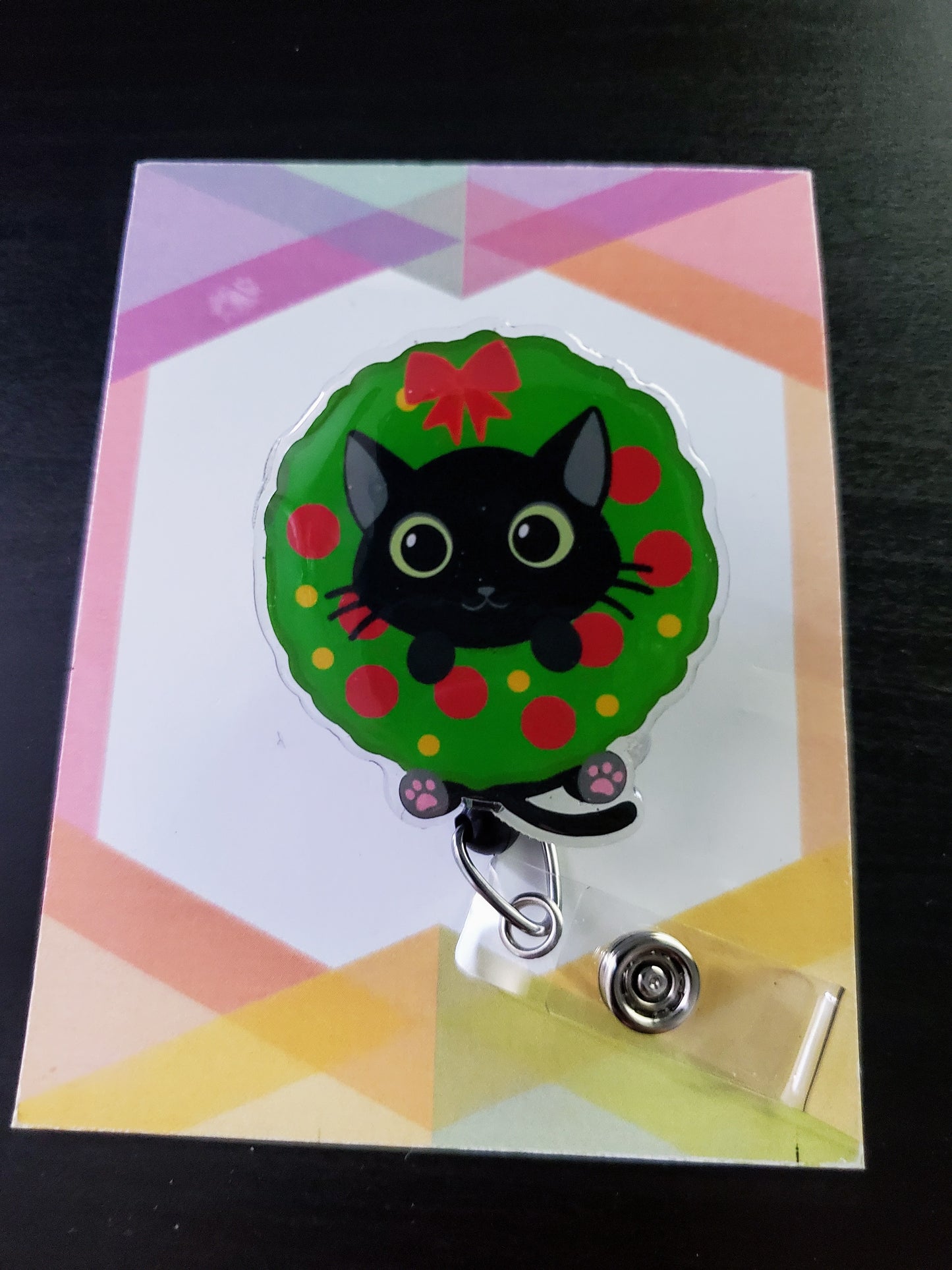 Holiday Cat Wreath Badge Reel ID Holder