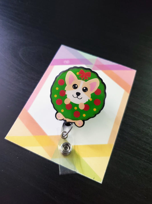 Holiday Dog Wreath Badge Reel ID Holder